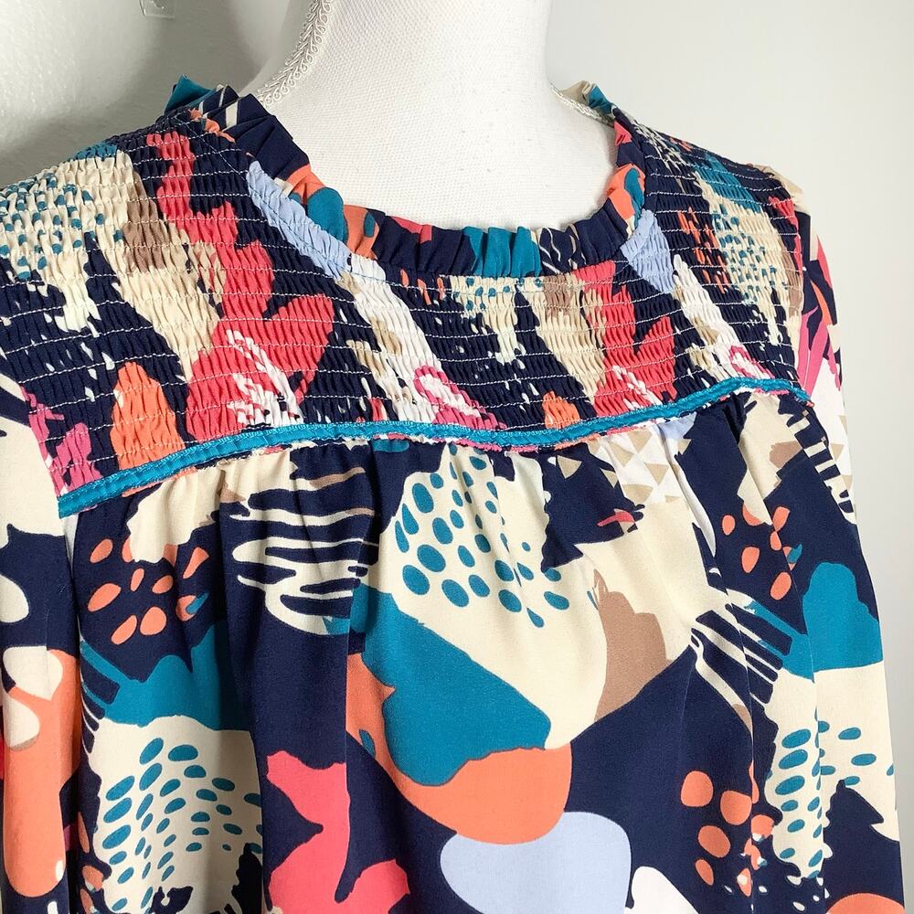 Umgee Suzie Multicolor Abstract Print Short Sleeve Smocked Peasant Blouse Top XL - Picture 3 of 9